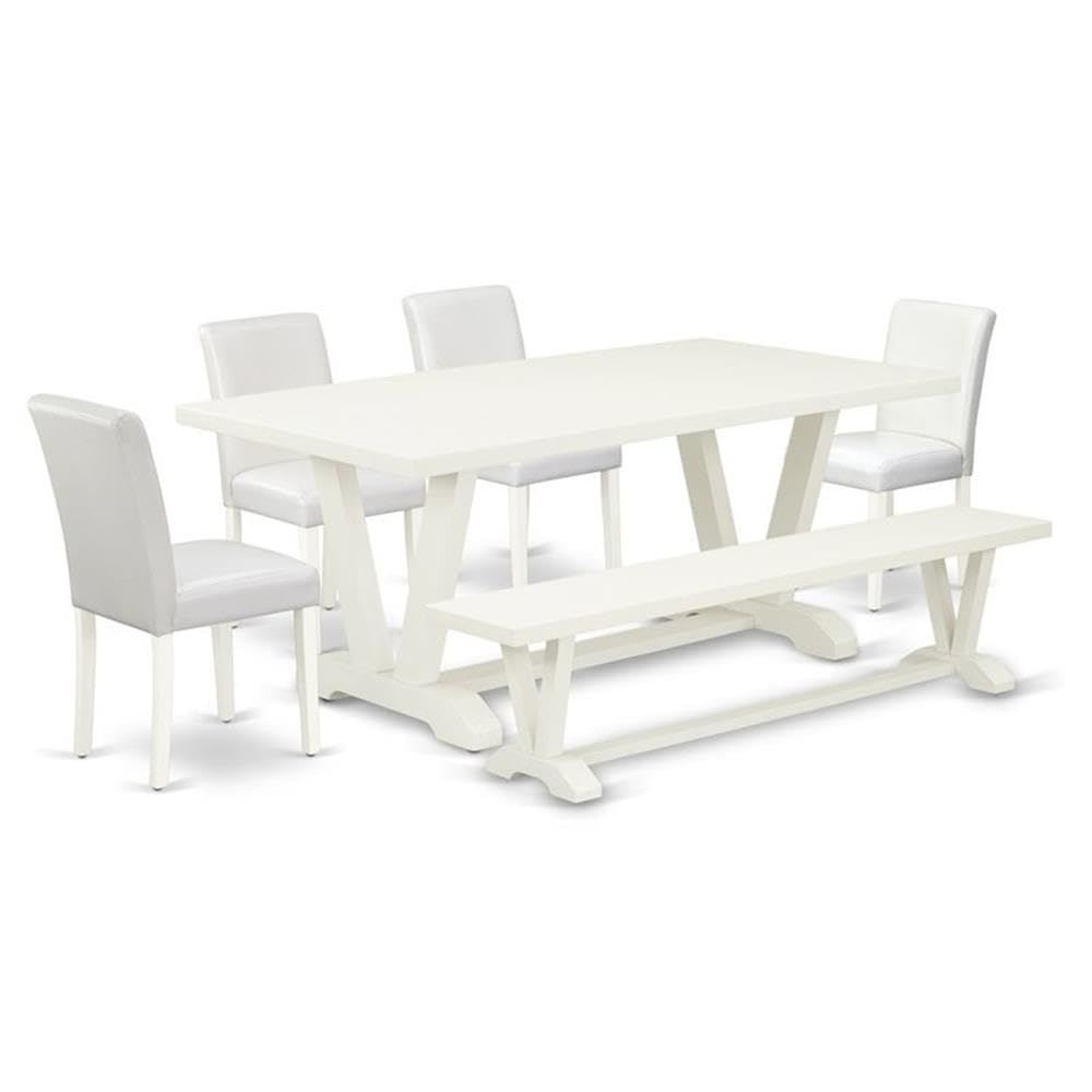 East West Furniture V-Style 6 Piece Set Contains A Rectangle Dining Room Table With V-Legs And 4 White Faux Leather Parson Chairs With A Bench, 40X72 Inch, Multi-Color