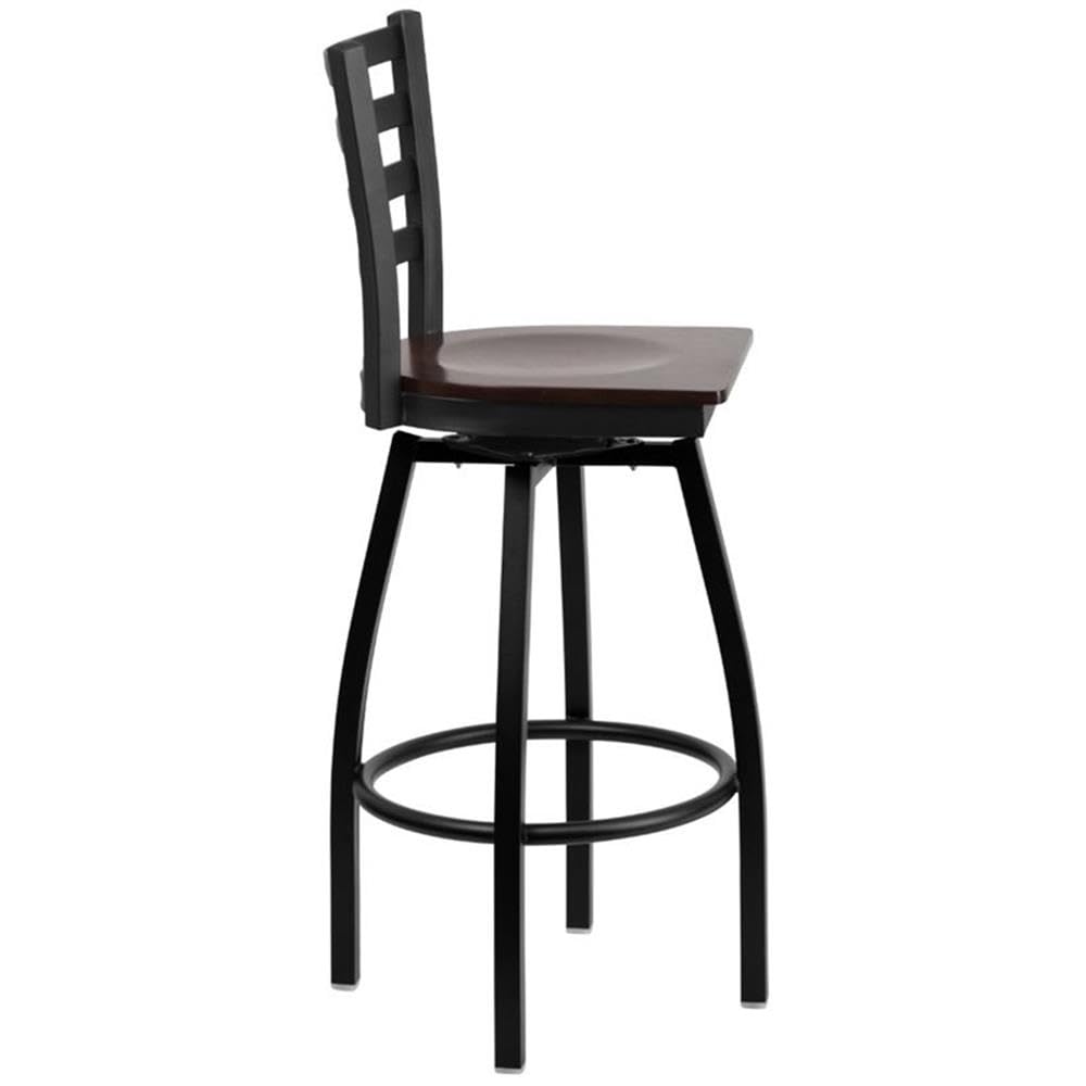 Flash Furniture HERCULES Series Black Ladder Back Swivel Metal Barstool - Walnut Wood Seat