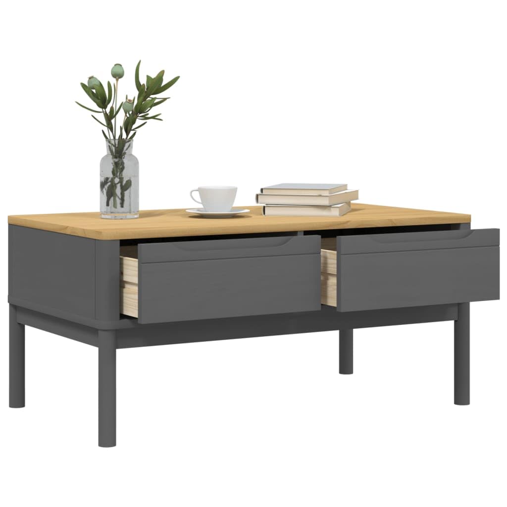 vidaXL Floro Gray Coffee Table - Solid Pine Wood, 39"x21.9"x17.7" - Modern Storage Side Table with Drawers for Living Room