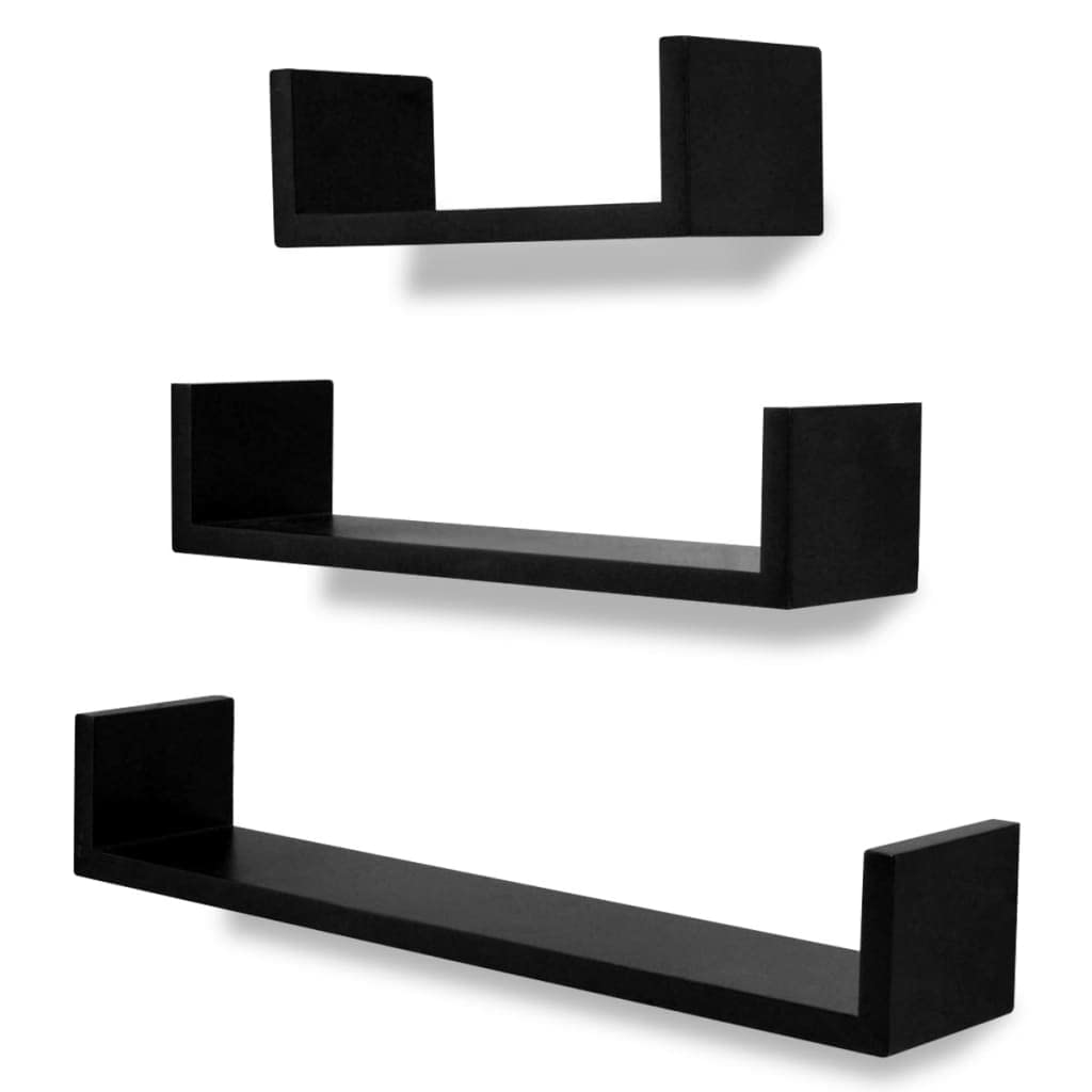 vidaXL Floating Wall Shelves - Wall Mounted Display Shelves, Black MDF, 3 Pcs, Invisible Mounting System, Various Sizes