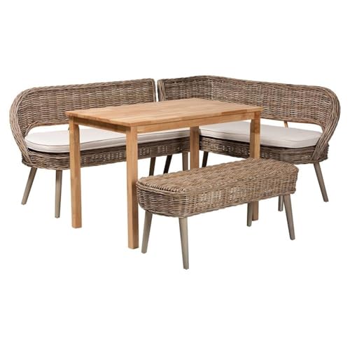 Baxton Studio Bali & Pari Raisa Modern Bohemian Natural Kubu Grey Rattan And Solid Wood 4-Piece Dining Nook Set