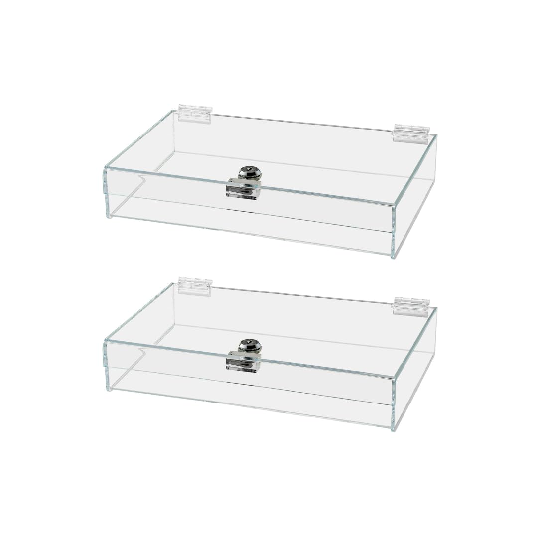 2 Pack Acrylic Locking Display Case With Keys 12' X 8' X 2.75' Clear Countertop Rectangular Tray With Lid For Tradeshows Expo