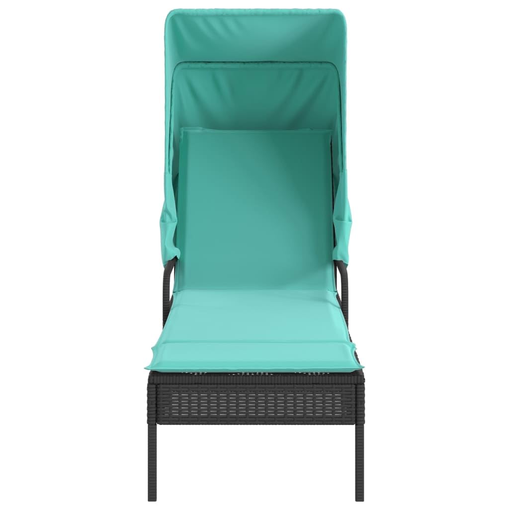 vidaXL Sun Loungers with Canopies and Table Furniture - Adjustable Reclining Patio/Garden Chaise Lounge Set, Black Poly Rattan, Turquoise Cushions