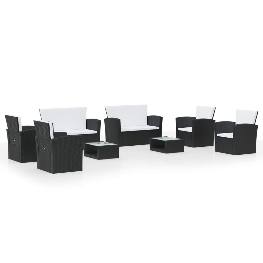 vidaXL 8 Piece Patio Sofa Set - Black Poly Rattan Sectional Lounge Furniture with Cushions & Glass Table