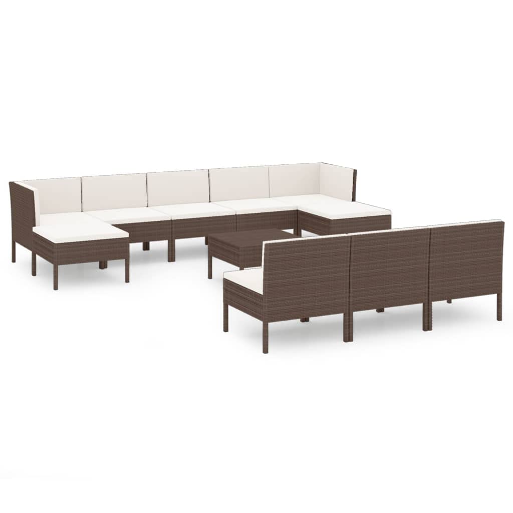 vidaXL 11 Piece Patio Lounge Set- Outdoor Furniture with Weather-Resistant PE Rattan Material and Powder-Coated Steel Frame – Brown Lounge Set with Cream White Cushions