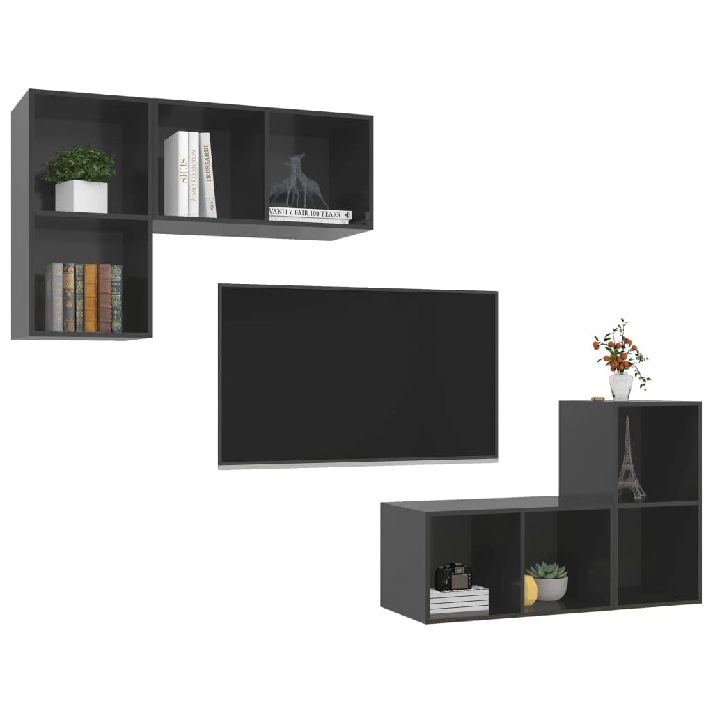 vidaXL High Gloss Gray Wall-Mounted TV Stands, Modern Engineered Wood HiFi Cabinet Set, Flexible Orientation, with Prop 65 Warning