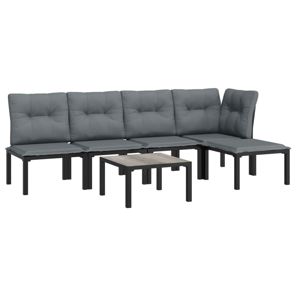 vidaXL 6 Piece Patio Lounge Set in Black and Gray with PE Rattan - Includes Chairs, Footstool, and Coffee Table with Padded Cushions