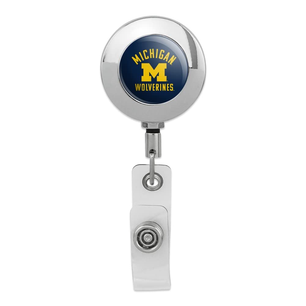 University Of Michigan Wolverines Logo Retractable Reel Premium Metal Chrome Badge Id Card Holder Clip