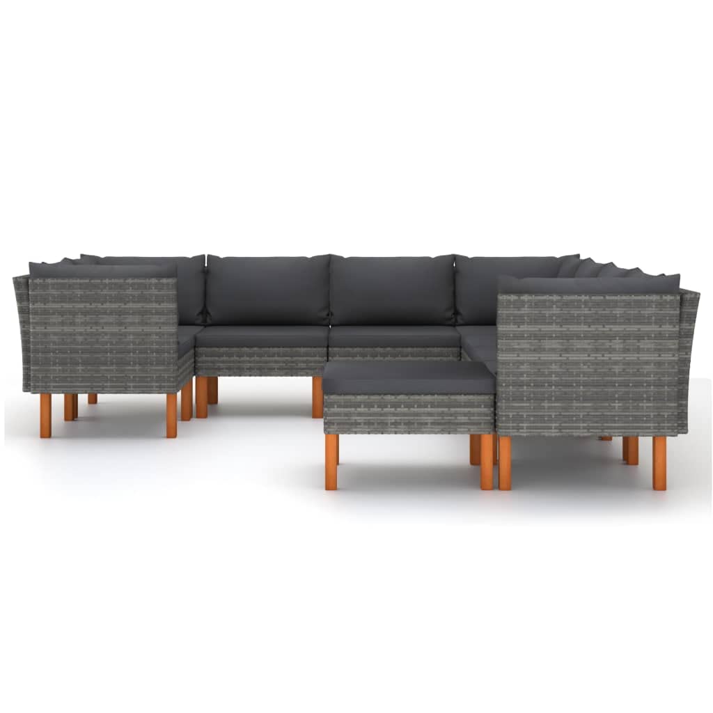 vidaXL 9 Piece Outdoor Lounge Set - Poly Rattan Construction with Eucalyptus Wood Legs - Includes Corner Sofas, Middle Sofas and Footrest - Cushions Included - Gray