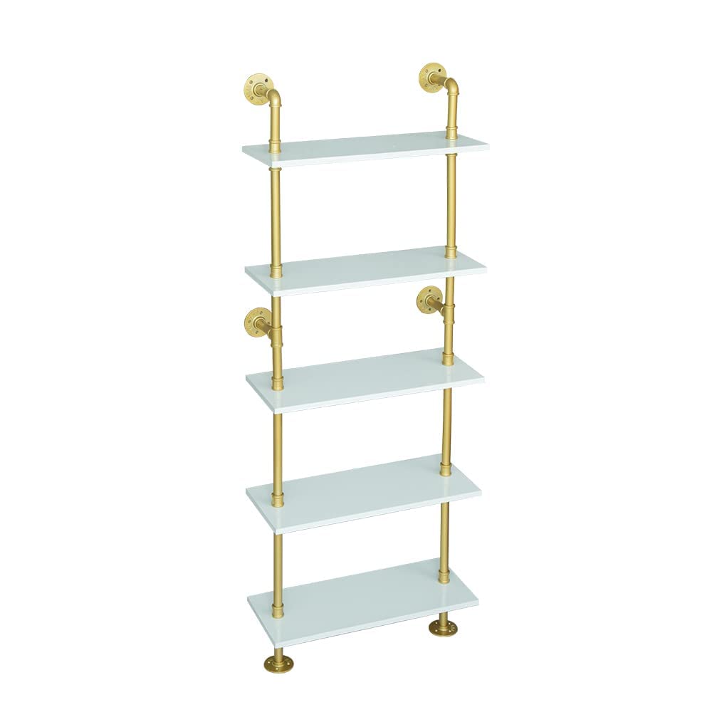 HEONITURE 5 shelf Modern Gold Bookshelf, Wall Mount White Bookcase, Ladder Shelf with Metal Frame, Display Shelf Shelves for Liv