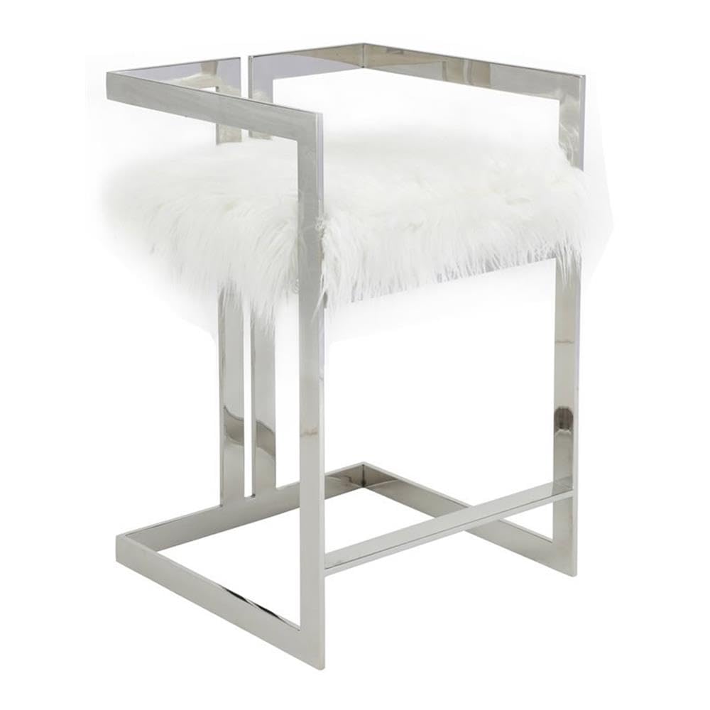 Pangea Home Kenzie 23.6&quot; Stainless Steel & Faux Fur Counter Stool In White