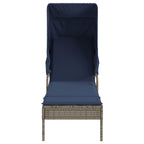 vidaXL Sun Loungers with Retractable Canopy and Table - Gray Poly Rattan Outdoor Recliners with Adjustable Backrest & Navy Blue Cushions - Perfect for Patio, Garden, Deck