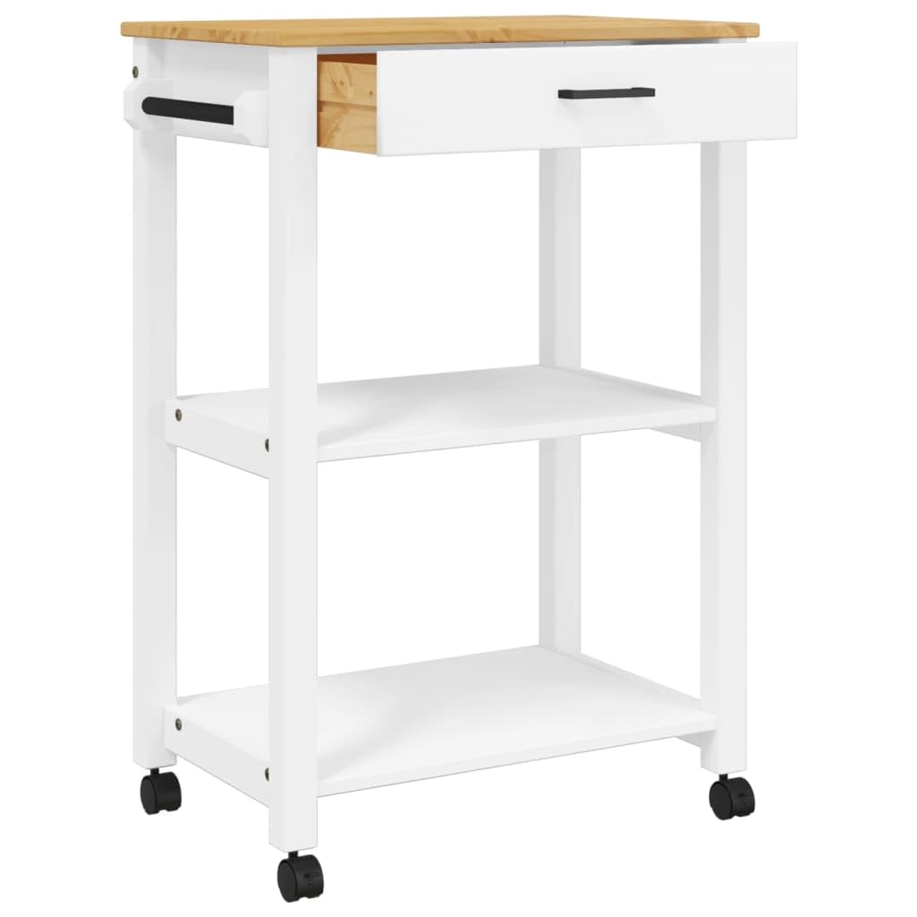 vidaXL Pine Wood Kitchen Trolley - White/Honey Wax Rolling Cart with Drawer, Shelves, and Wheels for Storage and Mobility
