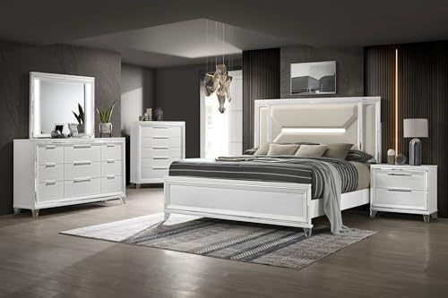 Coaster Home Furnishings Marmore Contemporary 5-Piece Bedroom Set Boucle Upholstered Queen Size LED Panel Bed Frame 64-inch Headboard White 224961Q-S5