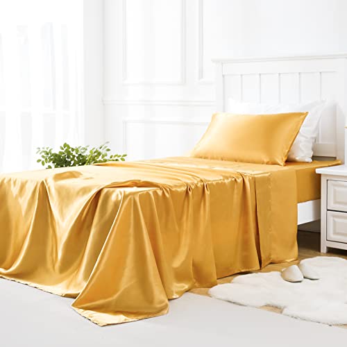Golal Satin Sheets Twin Xl Size - 3 Pieces Luxury Silky Soft Bed Sheets, Wrinkle-Free Gold Satin Silk Sheet Set With 1 Deep Pock