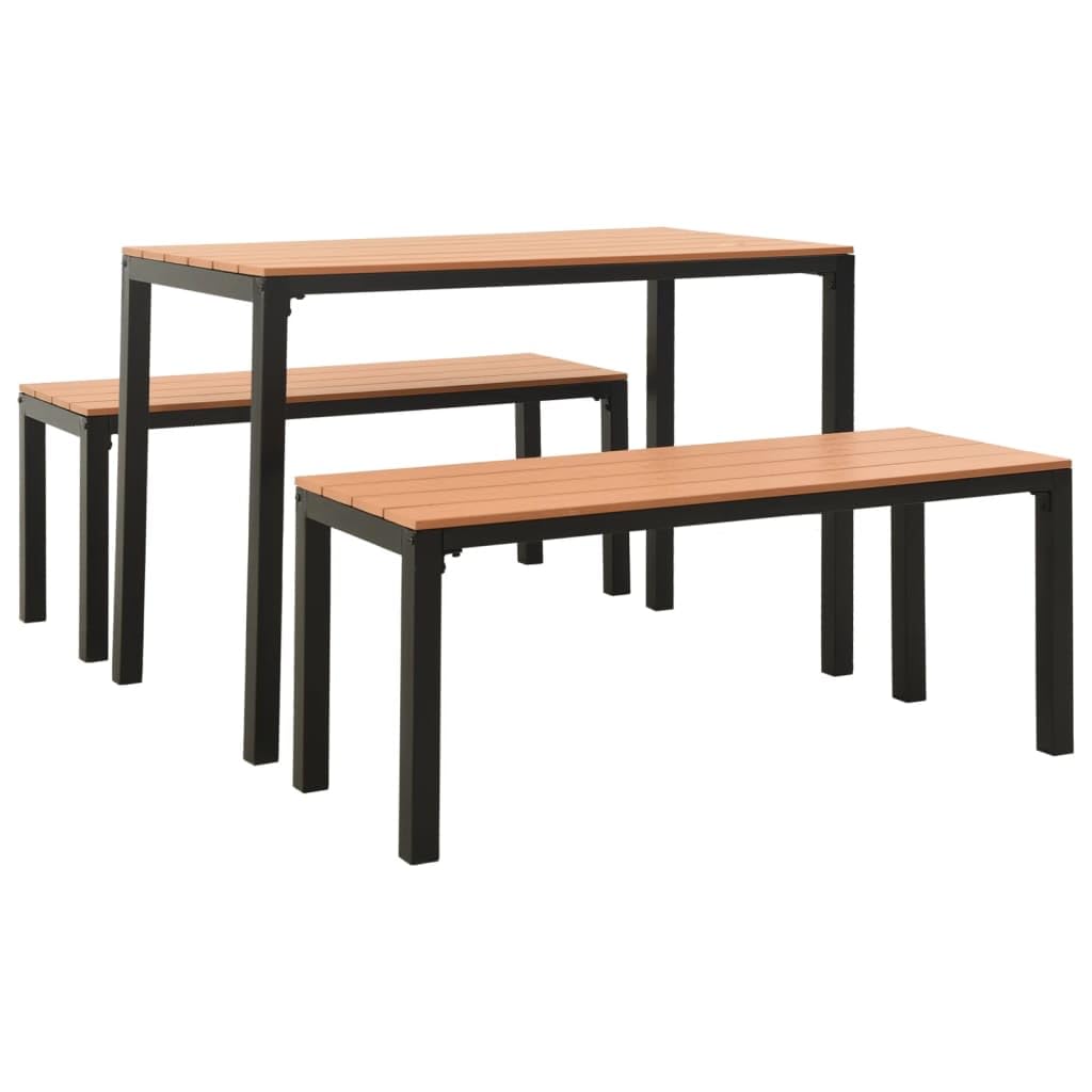 vidaXL Patio Dining Set - Made of Steel and WPC, Brown and Black, Weather-Resistant, Rectangular Table with Benches, Outdoor Furniture Set, Requires Assembly