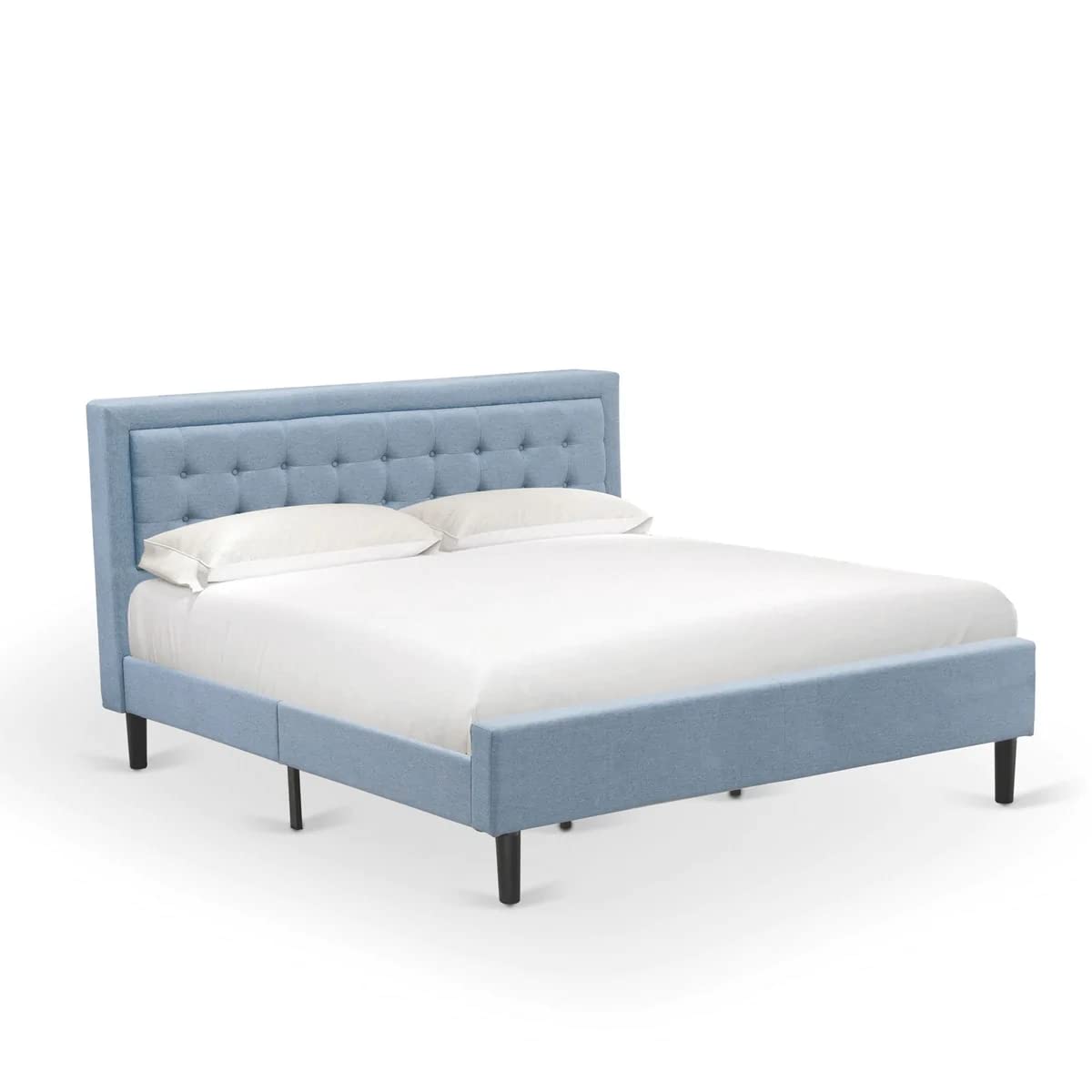 East West Furniture FNF-11-K Platform King Bed Frame - Denim Blue Linen Fabric Upholstered Bed Headboard with Button Tufted Trim Design - Black Legs