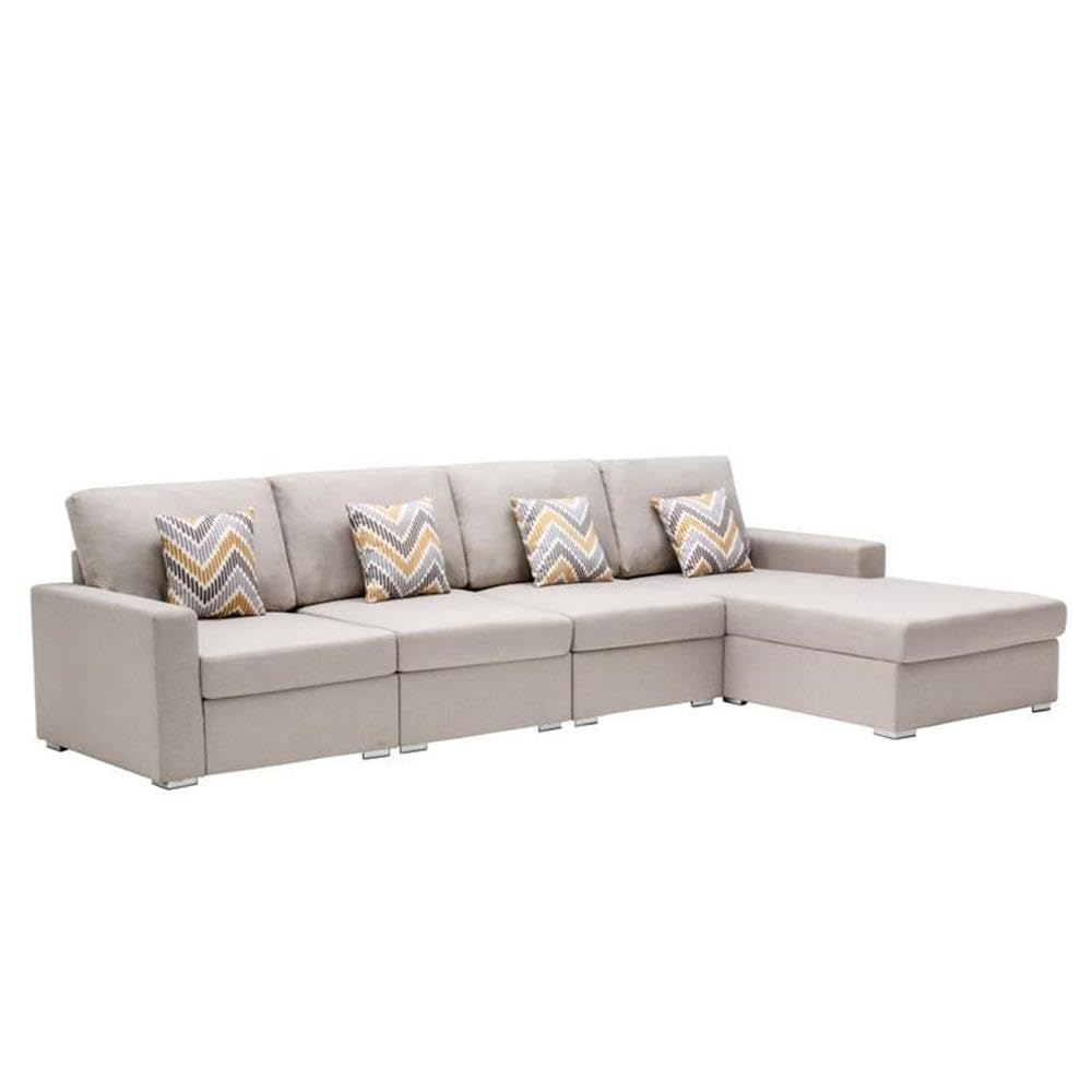 Lilola Home Nolan Beige Linen Fabric 4Pc Reversible Sectional Sofa Chaise with Pillows and Interchangeable Legs