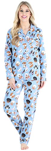 Pajamamania Womens Cotton Flannel Long Sleeve Button-Down Pajamas Pj Set, Blue Dogs, X-Large,