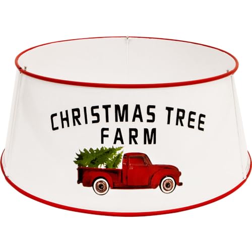 Fraser Hill Farm Metal Christmas Tree Collar With Retro Truck Design For Real Or Artificial Trees, Rustic Tree Ring To Cover Tree Base In White