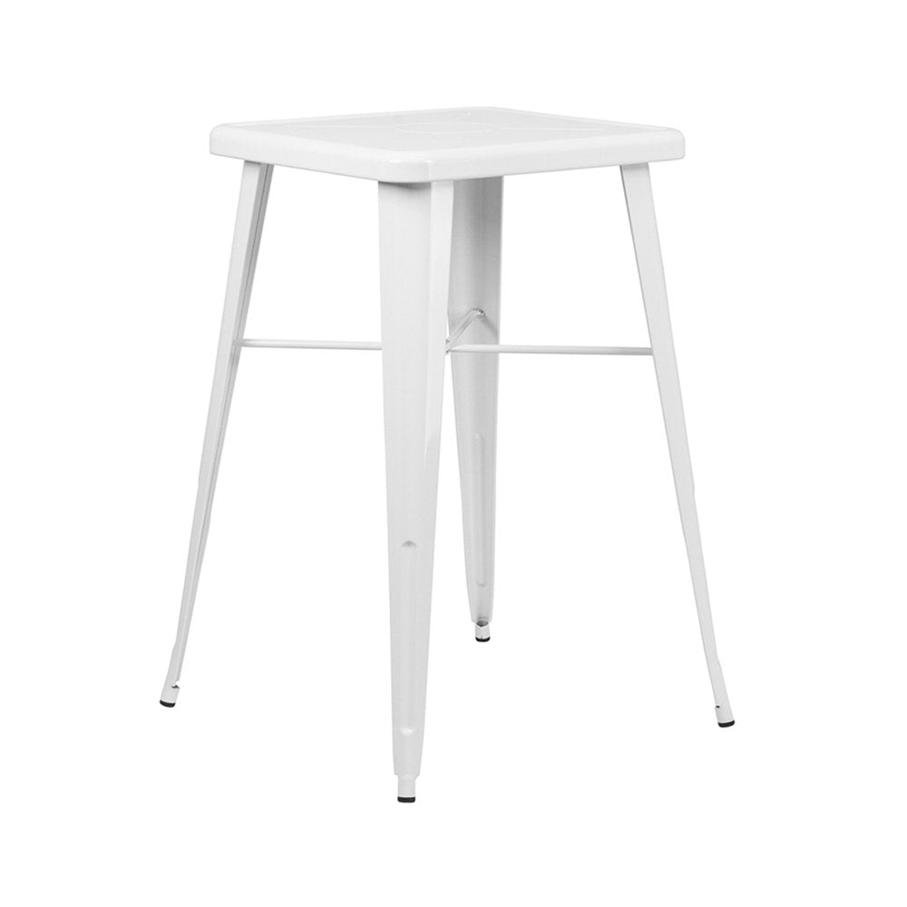 Flash Furniture Stone Commercial Grade 23.75" Square White Metal Indoor-Outdoor Bar Table Set with 2 Square Seat Backless Stools