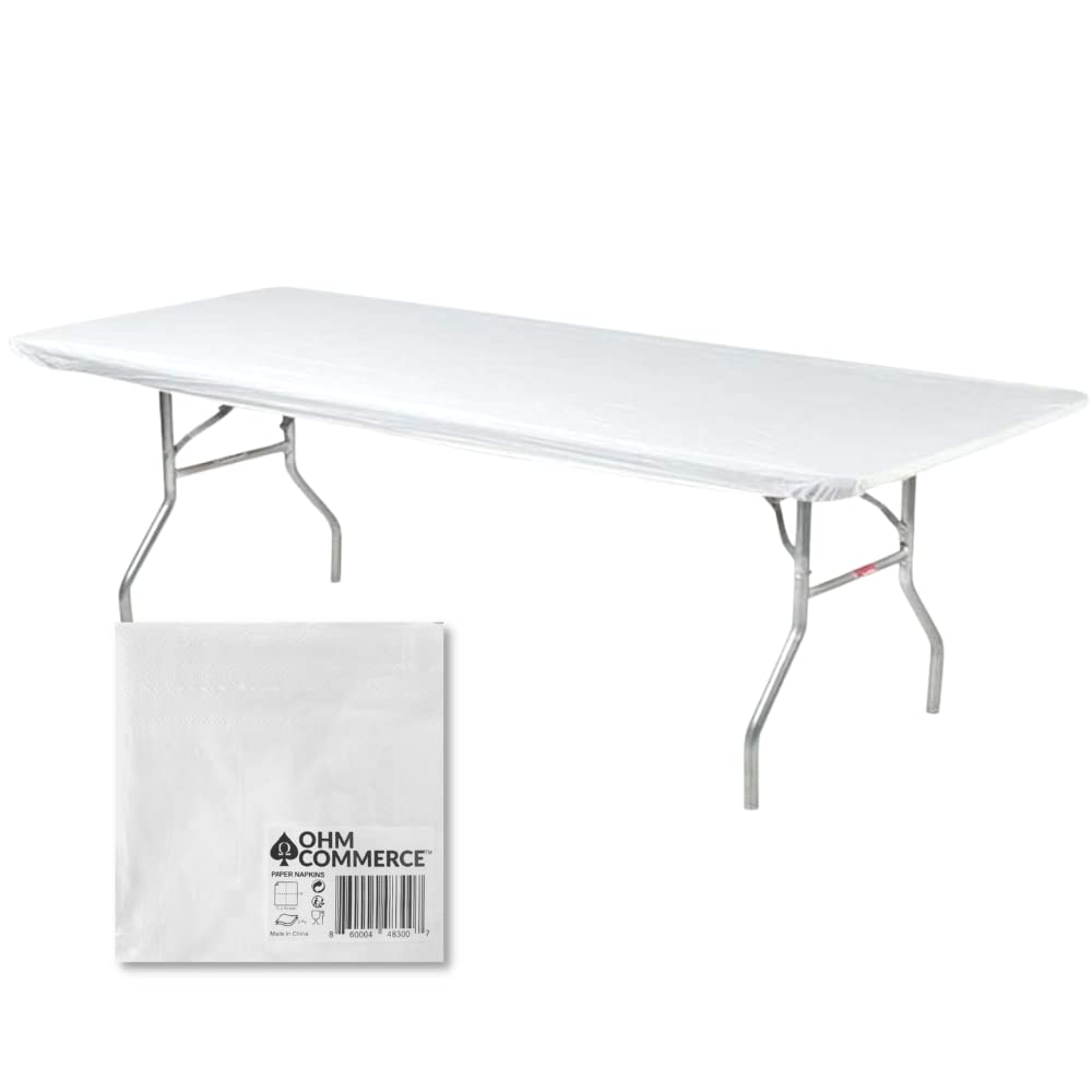Kwik-Covers 6' Rectangular Plastic Table Covers Bundle Of 5 With Seventy (70) Ohm Commerce Paper Napkins - Indoor Or Outdoor Fitted Table Covers (Table Not Included) (30' X 72' White)