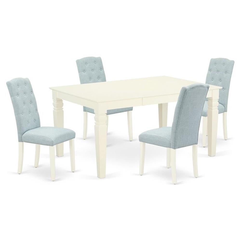 East West Furniture Wece5-Whi-15 5 Piece Dining Set Includes A Rectangle Dining Room Table With Butterfly Leaf And 4 Baby Blue Linen Fabric Upholstered Chairs, 42X60 Inch, Linen White
