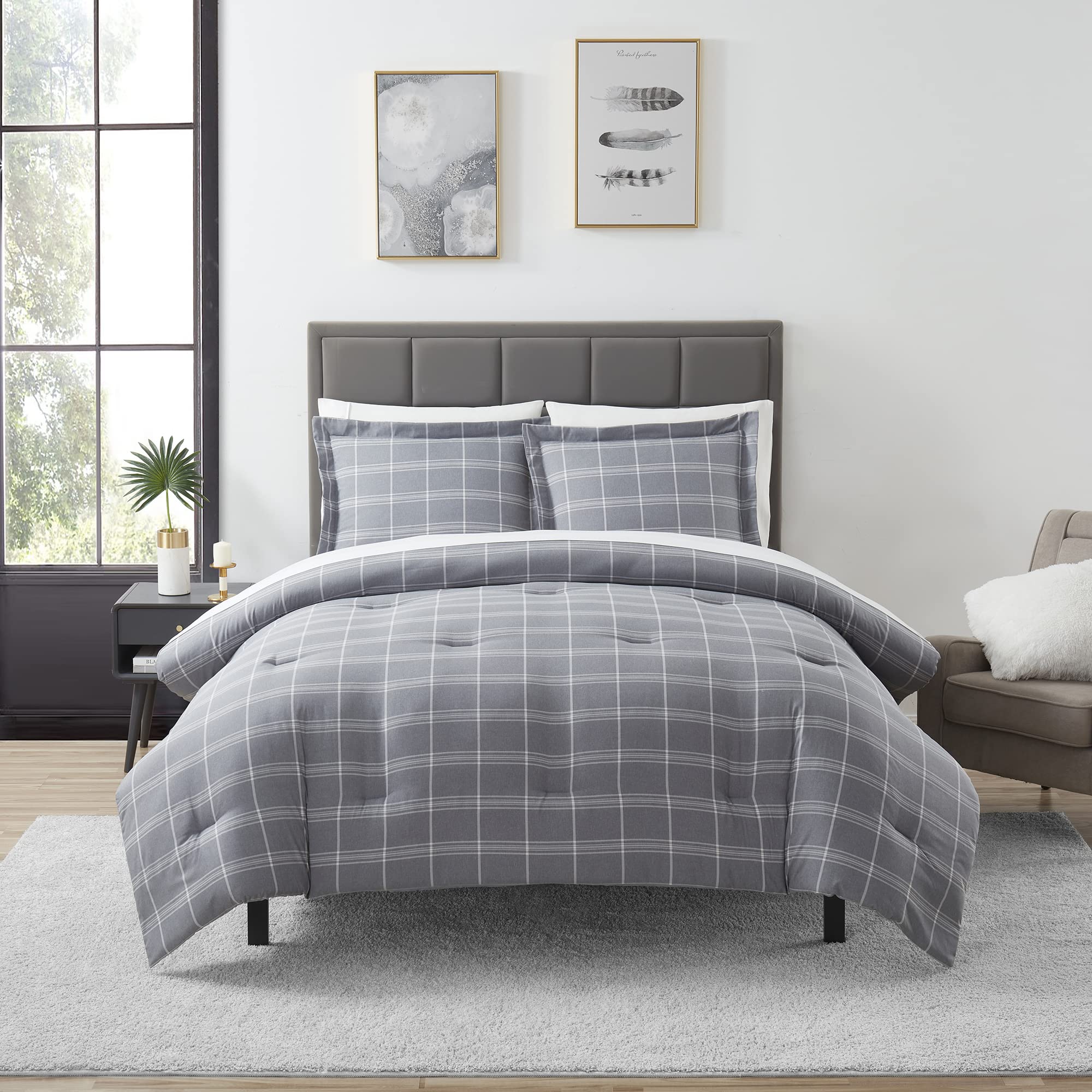 7 Piece Comforter Set Bag Solid Color All Season Soft Down Alternative Blanket & Luxurious Microfiber Bed Sheets, Full, Gray Pla