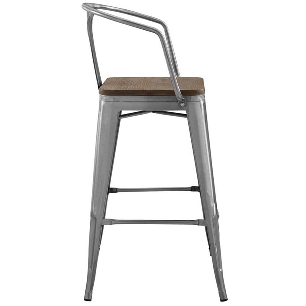Modway Promenade Industrial Modern Steel Bistro Bar Stool With Arms And Bamboo Seat In Gunmetal