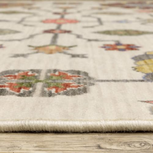 HomeRoots 509344 10 x 13 ft. Ivory Yellow Rust Green Gray Pink Orange Blue & Gray Oriental Power Loom Stain Resistant Rectangle Area Rug with Fringe