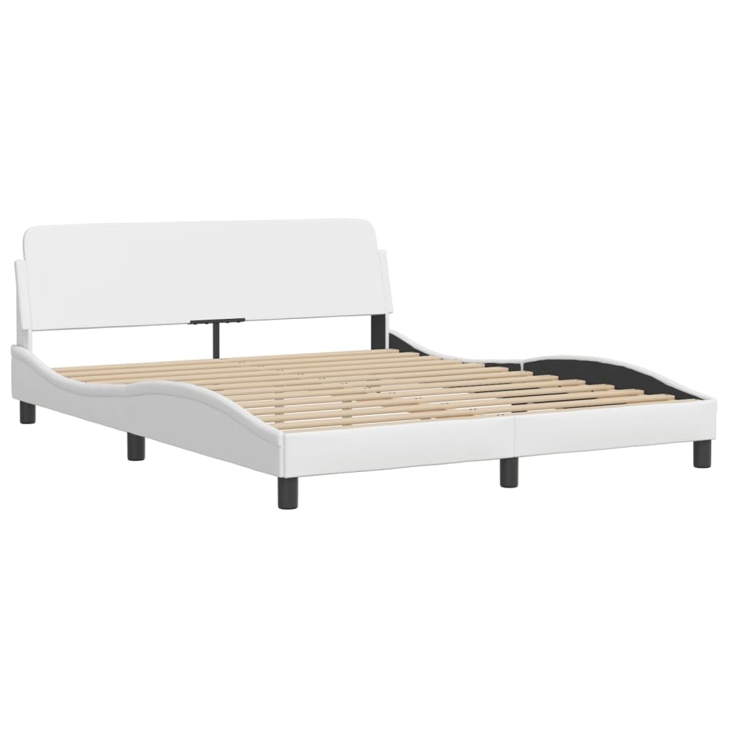 vidaXL White Faux Leather Double Bed Frame with Headboard - 59.8"x79.9" - Modern Waved Side Design, Sturdy Legs, Plywood Slats