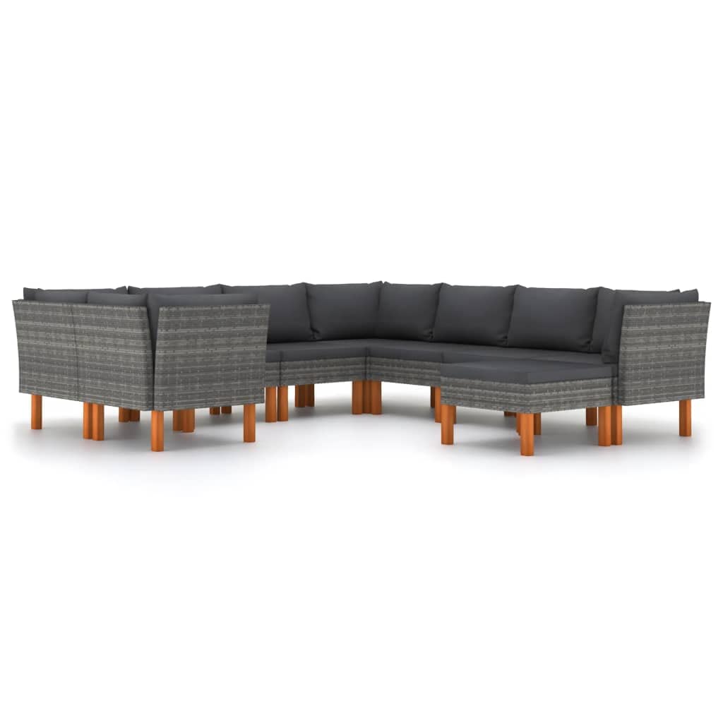 vidaXL 9 Piece Outdoor Lounge Set - Poly Rattan Construction with Eucalyptus Wood Legs - Includes Corner Sofas, Middle Sofas and Footrest - Cushions Included - Gray