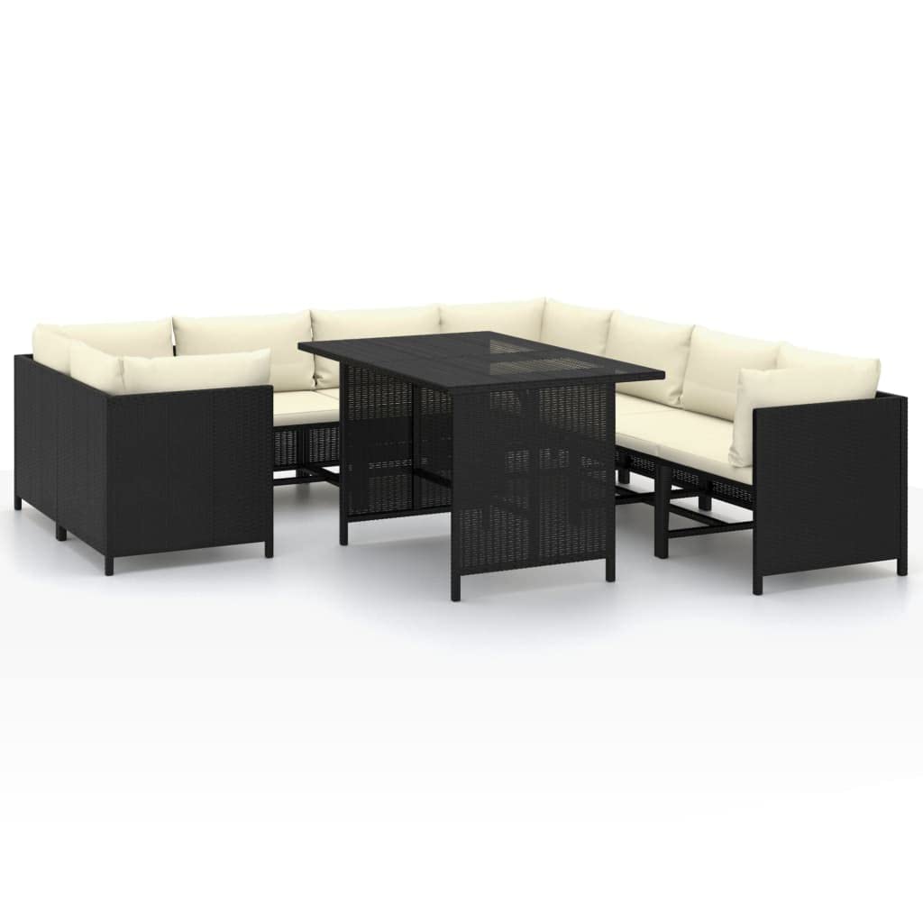 vidaXL Patio Lounge Set 9 Piece, Sectional Sofa for Outdoor, Patio Furniture with Cushions, Coffee Table, Farmhouse Modern Style, Poly Rattan Black