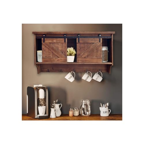 Homeroots Rustic Wooden Shelf With Barn Door Storage And Hooks