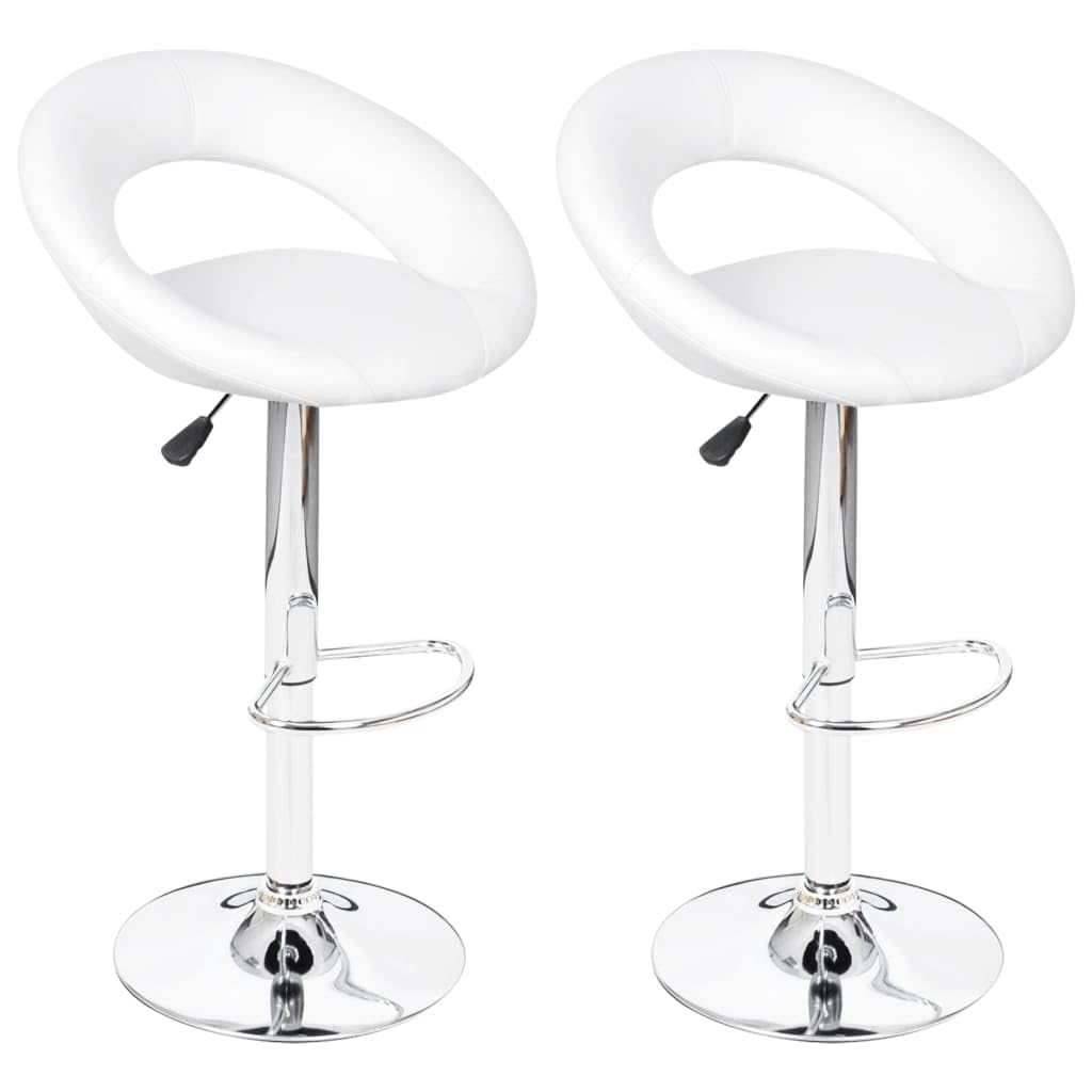 vidaXL Set of 2 Adjustable Height Bar Stools in White Faux Leather -Modern Design-Ergonomically Shaped with Iron Footrest