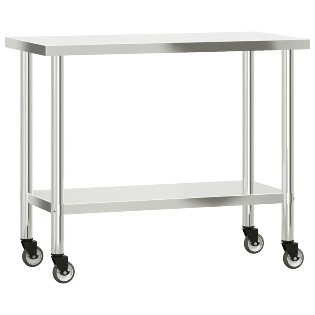 vidaXL Stainless Steel Rolling Kitchen Work Table - 43.3&quot;x21.7&quot;x33.5&quot;, Lower Shelf, Lockable Wheels for Restaurant & Commercial Use