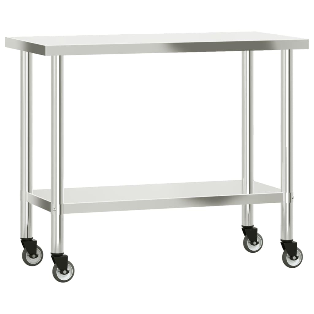 vidaXL Stainless Steel Rolling Kitchen Work Table - 43.3"x21.7"x33.5", Lower Shelf, Lockable Wheels for Restaurant & Commercial Use
