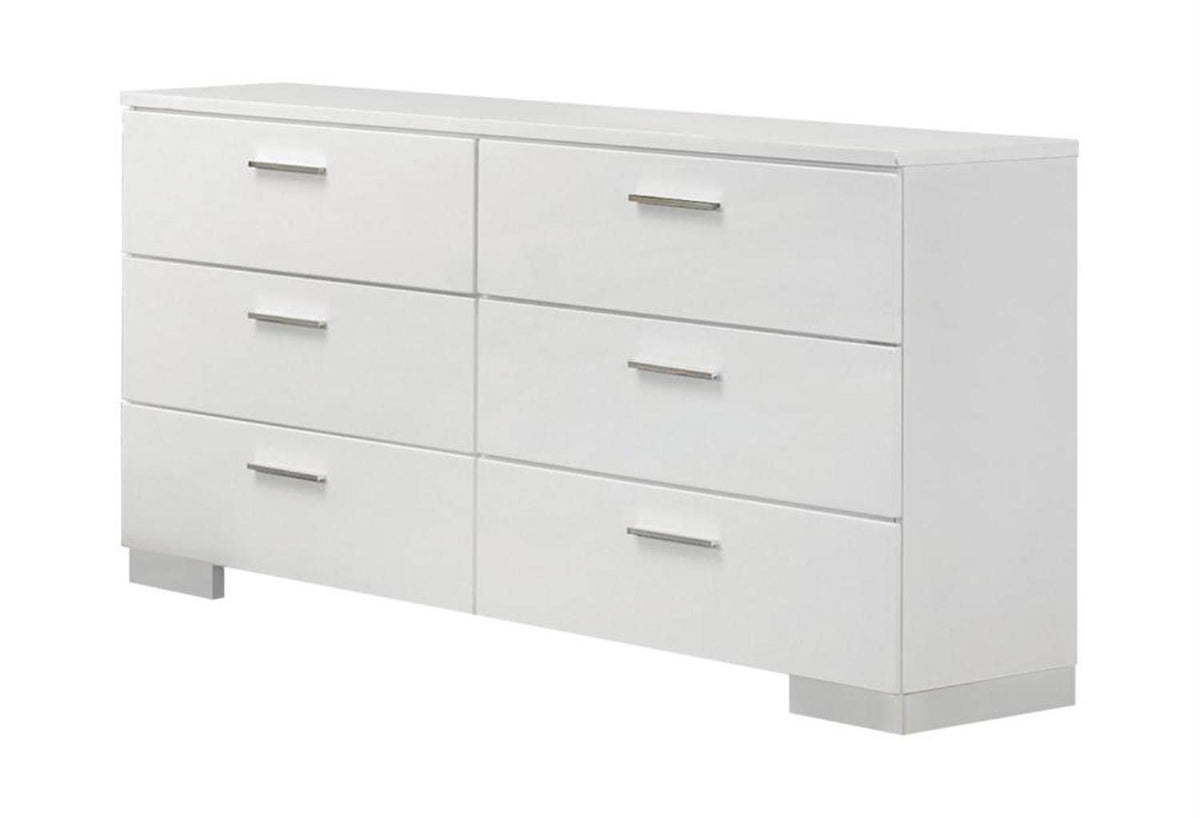 Coaster Home Furnishings Felicity 6-Drawer Wood Bedroom Dresser Storage Cabinet Chrome Pull Handles and Feet No Assembly White High Gloss 203503