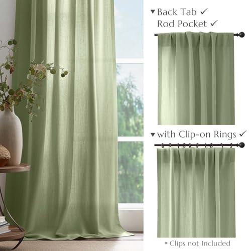 Jinchan Green Linen Blend Curtains 72 Inches Long For Living Room Farmhouse Rod Pocket Back Tab Light Filtering Window Drapes For Bedroom Curtains Crude 2 Panels Sage Green