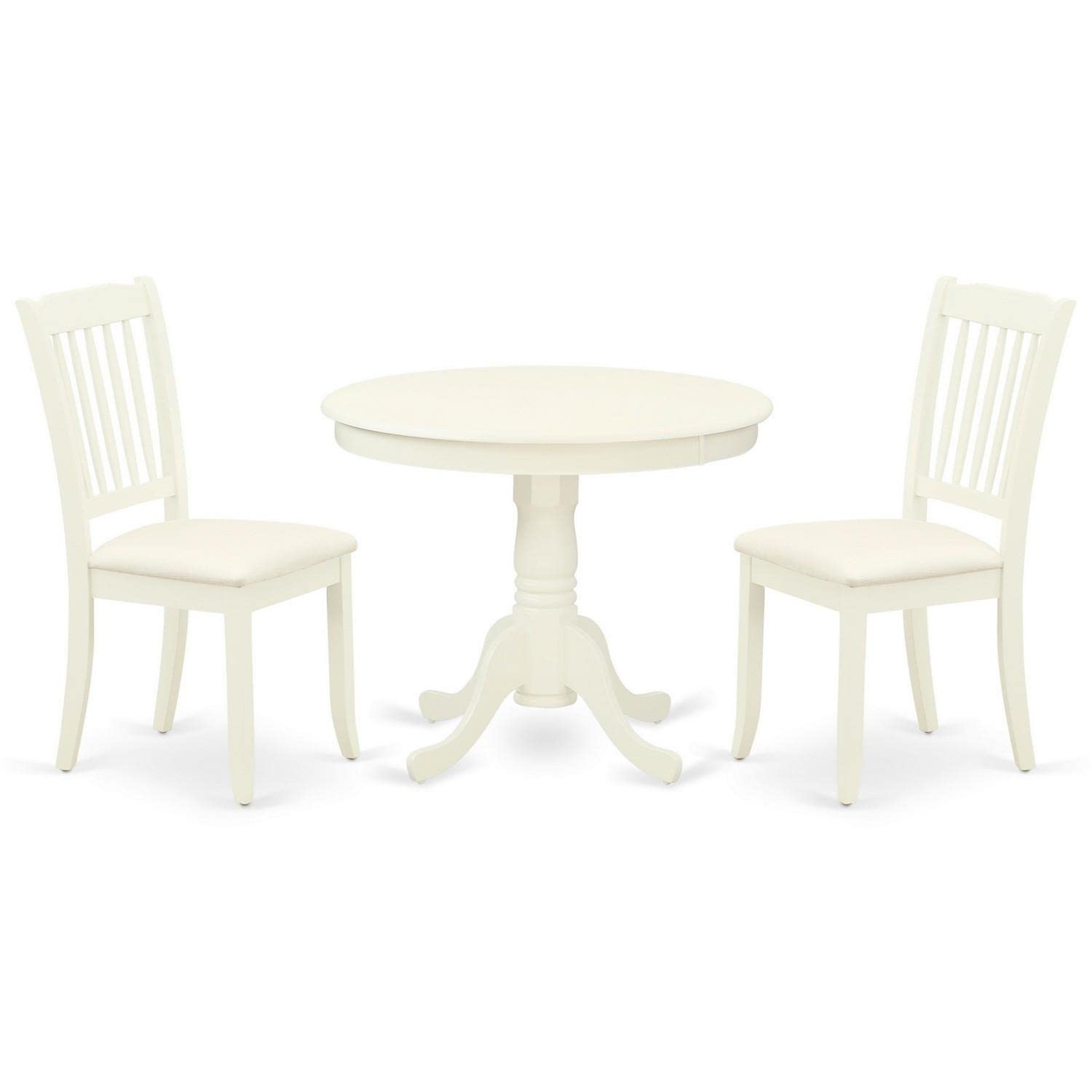 East West Furniture Anda3-Lwh-C 3 Piece Kitchen Table & Chairs Set Contains A Round Dining Room Table With Pedestal And 2 Linen Fabric Upholstered Dining Chairs, 36X36 Inch, Linen White
