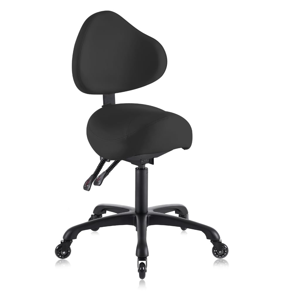 DR.LOMILOMI Pneumatic Swivel Rolling Saddle Stool with Wheels and Back Support for Hair Stylist, Hygienic Clinic Spa Massage, Ho