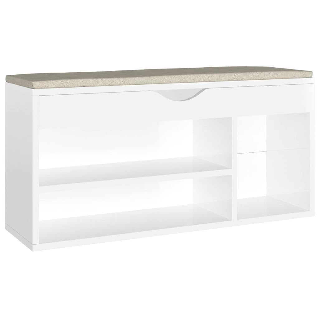 vidaXL Glossy White Shoe Bench with Detachable Cushion, 40.9&quot;x11.8&quot;x19.3&quot;, Comfortable Seating and Shoe Storage Solution, Engineered Wood & MDF, Modern Design, Easy to Clean.