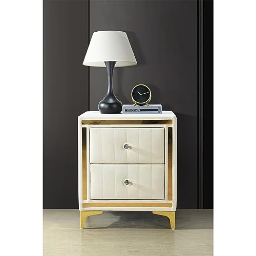 Monique Velvet Nightstand with Gold Legs and Gold Trim, Crystal knobs - Fully Assembled (Cream)