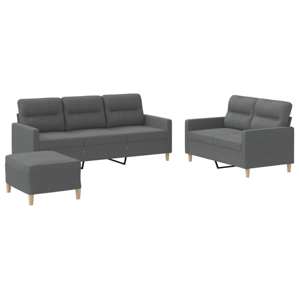 vidaXL Modern 3 Piece Sofa Set in Dark Gray - Includes 2-Seater and 3-Seater Sofas with Footstool and Cushions - Upholstered in Durable Polyester Fabric