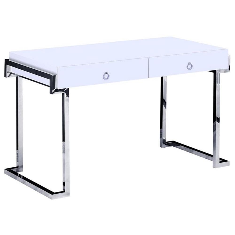 Best Master Furniture White Lacquer 2-Drawer Writing Desk Silver