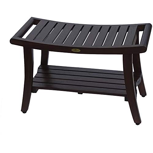 HomeRoots Dark Brown Compact Curvilinear Teak Shower/Outdoor Bench with Shelf and Liftaide Arms in Brown Finish