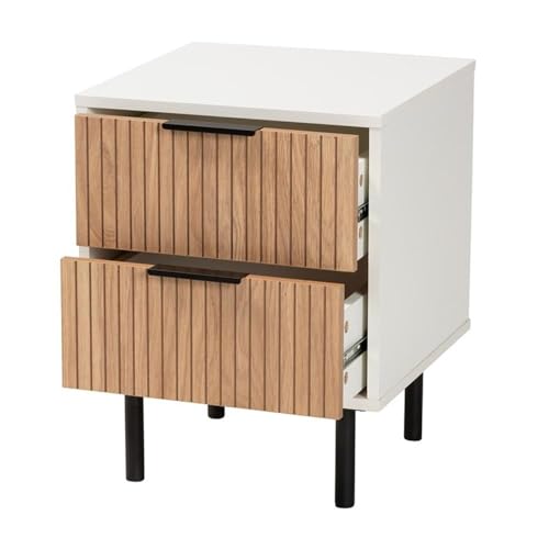 Baxton Studio Karima Mid-Century Modern Two-Tone White and Natural Brown Finished Wood and Black Metal 2-Drawer End Table