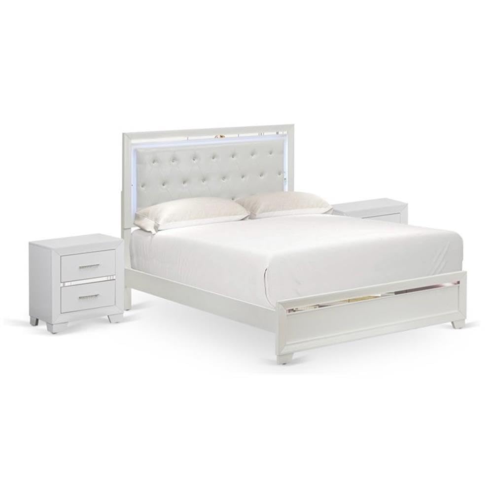 East West Furniture PA05-Q2N000 Pandora 3-Piece Bedroom Set with an Adjustable LED Lighting Headboard Queen Size Bed 2 Modern nightstands - White Finish