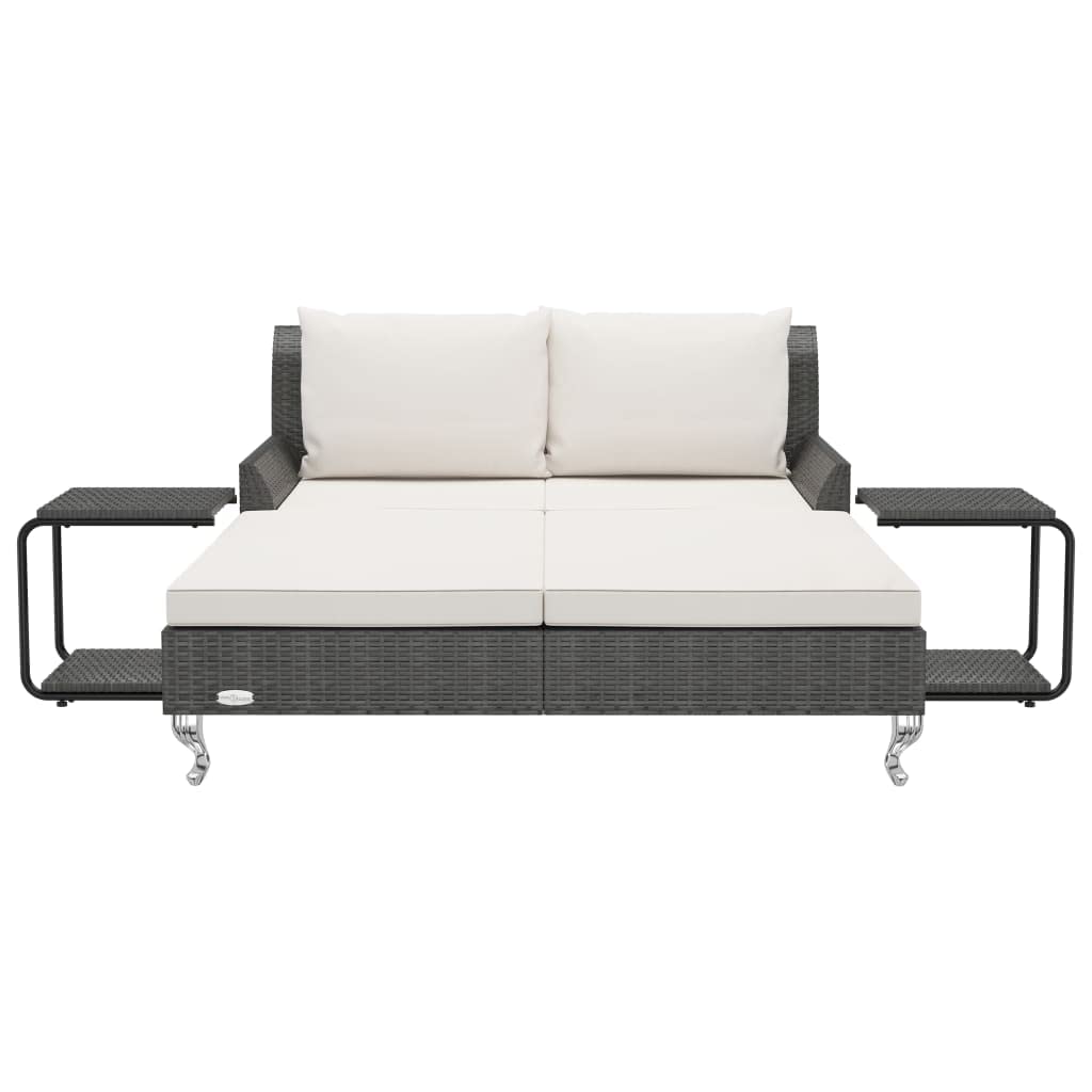 vidaXL Daybed, 2-Person Outdoor Garden Sun Bed with Cushions and 2 Side Tables, Lounge Bed for Pool Garden Patio, Modern Style, Poly Rattan Black