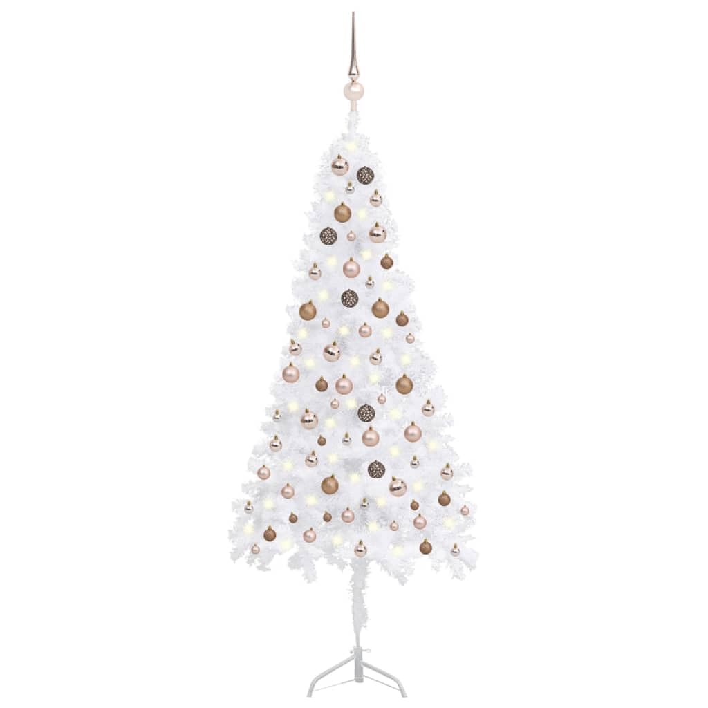 'Vidaxl Corner Artificial Pvc Christmas Tree With Led Lights, Decorative Balls, And Steel Stand - Space-Saving Holiday Decor In Green And Gold